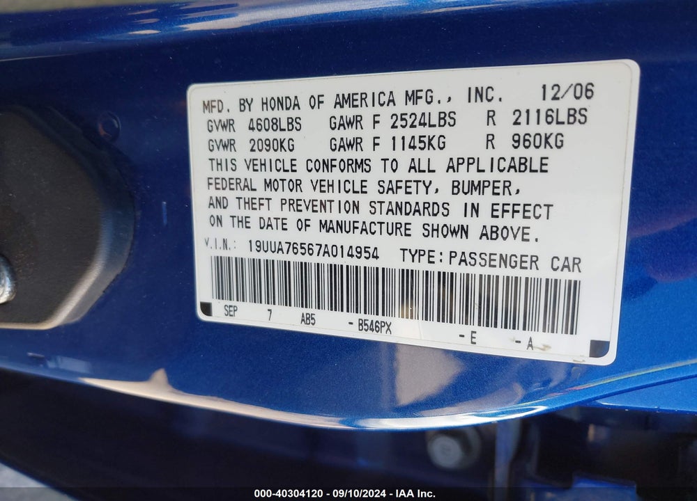2007 ACURA TL TYPE S VIN: 19UUA76567A014954
