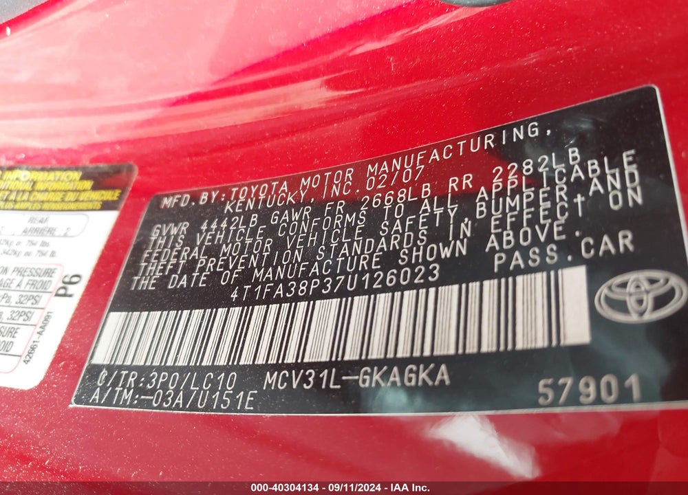 2007 TOYOTA CAMRY SOLARA SLE VIN: 4T1FA38P37U126023