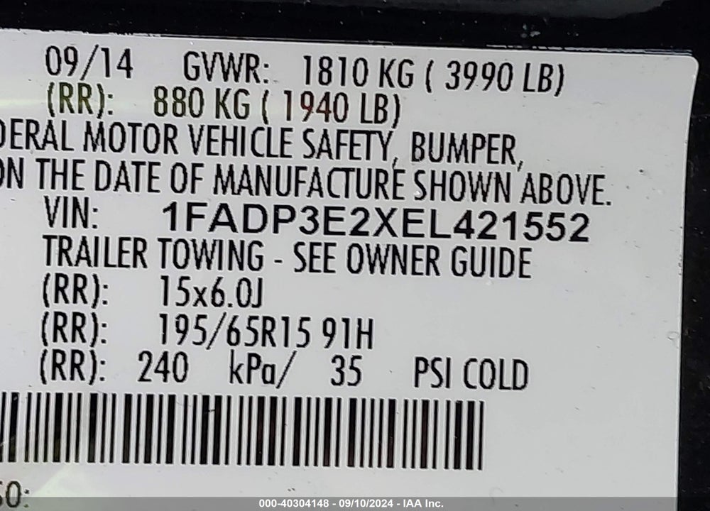 2014 FORD FOCUS S VIN: 1FADP3E2XEL421552