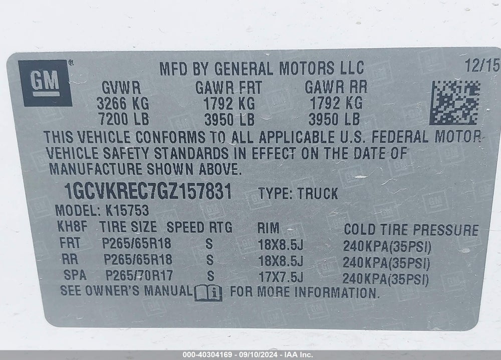 2016 CHEVROLET SILVERADO 1500 2LT VIN: 1GCVKREC7GZ157831