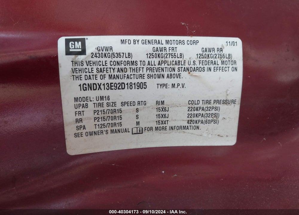 2002 CHEVROLET VENTURE WARNER BROS. EDITION VIN: 1GNDX13E92D181905