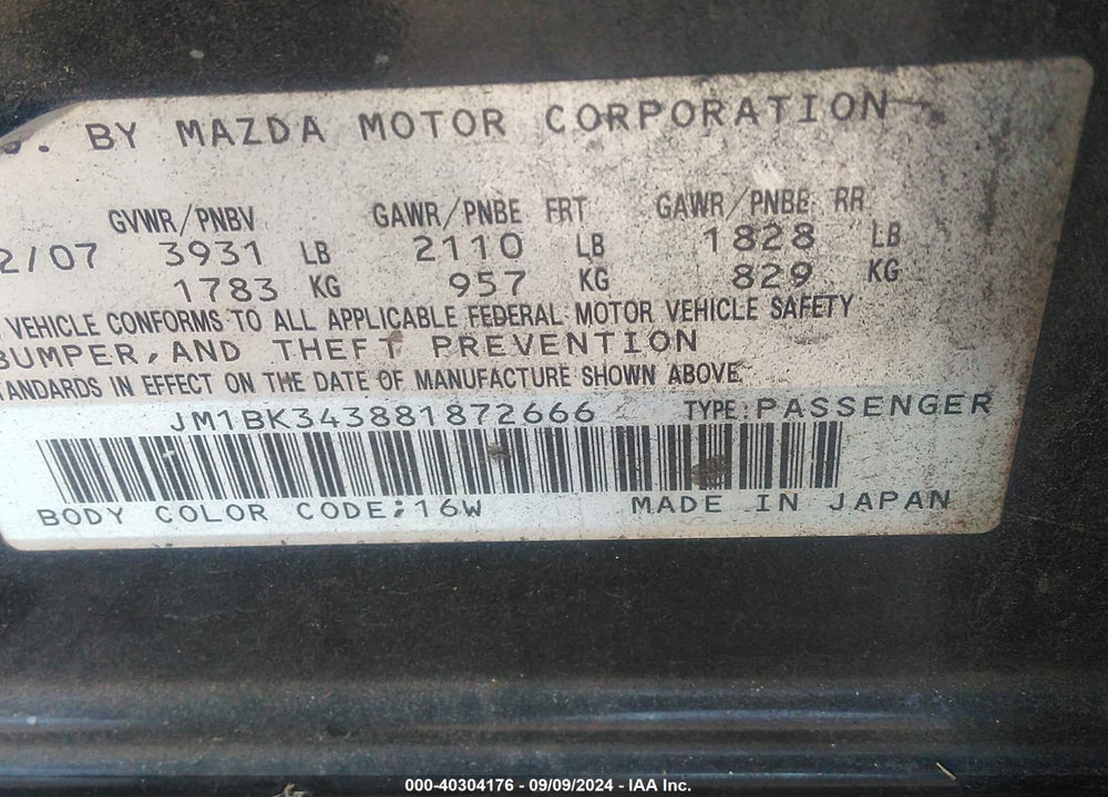 2008 MAZDA 3 S SPORT VIN: JM1BK343881872666