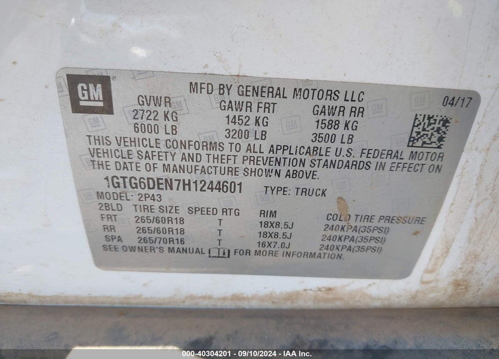 2017 GMC CANYON SLT VIN: 1GTG6DEN7H1244601