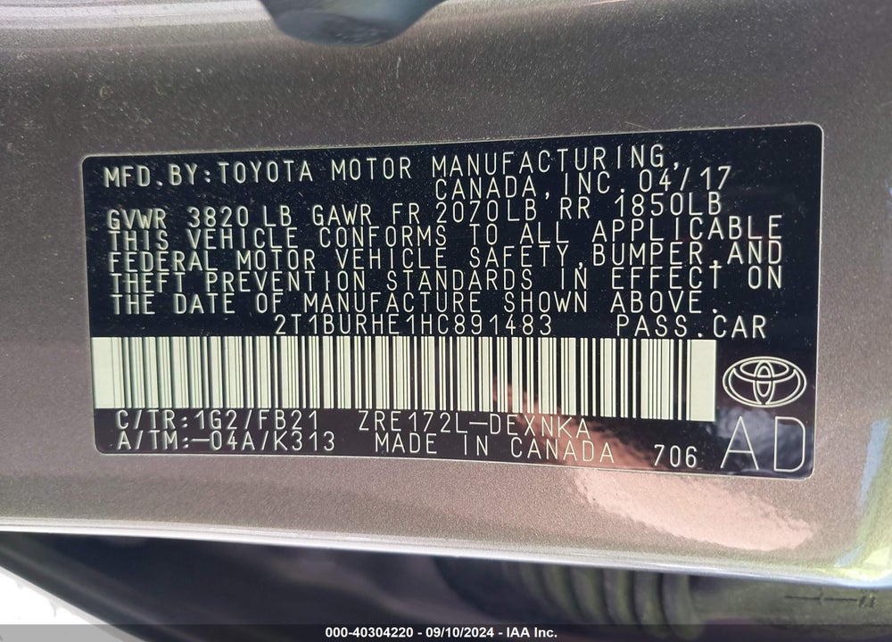 2017 TOYOTA COROLLA LE VIN: 2T1BURHE1HC891483