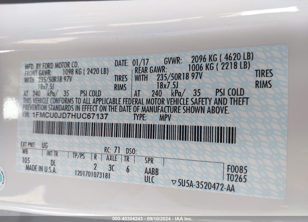 2017 FORD ESCAPE TITANIUM VIN: 1FMCU0JD7HUC67137