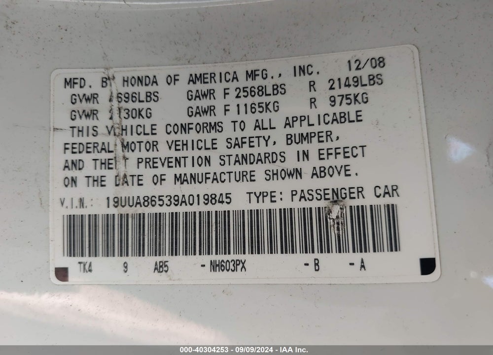 2009 ACURA TL VIN: 19UUA86539A019845