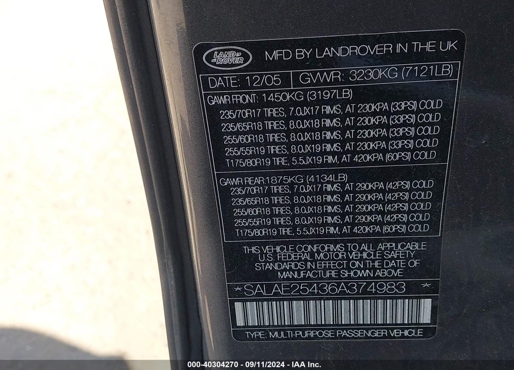 2006 LAND ROVER LR3 V8 SE VIN: SALAE25436A374983