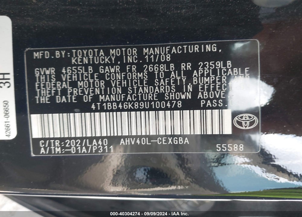 2009 TOYOTA CAMRY HYBRID VIN: 4T1BB46K89U100478