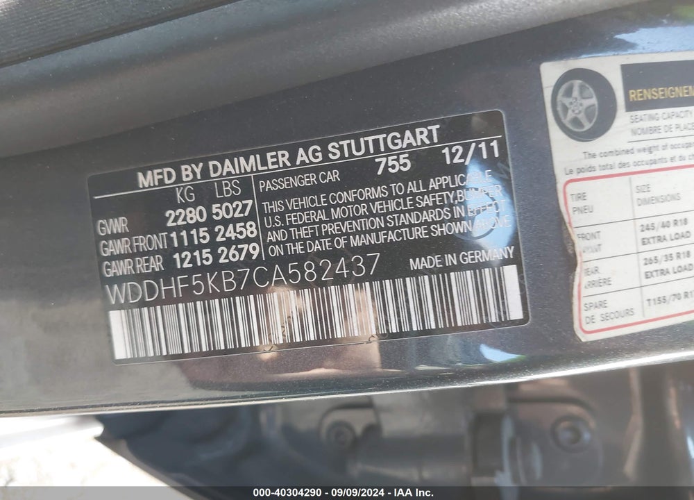 2012 MERCEDES-BENZ E 350 VIN: WDDHF5KB7CA582437