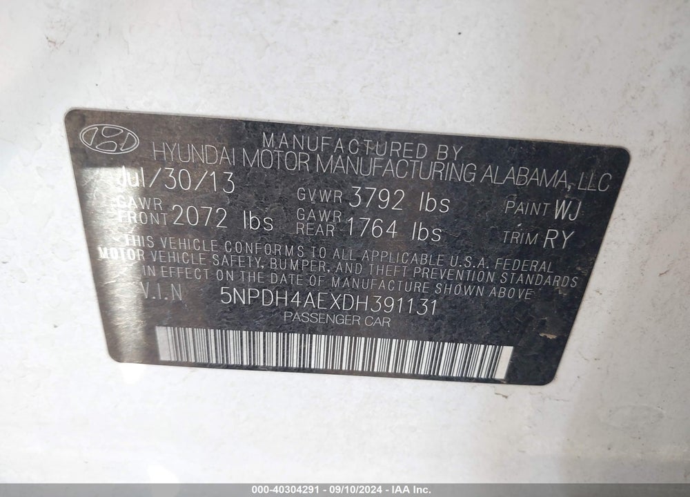 2013 HYUNDAI ELANTRA LIMITED VIN: 5NPDH4AEXDH391131