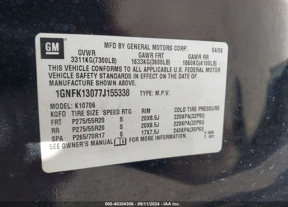 2007 CHEVROLET TAHOE LT VIN: 1GNFK13077J155338
