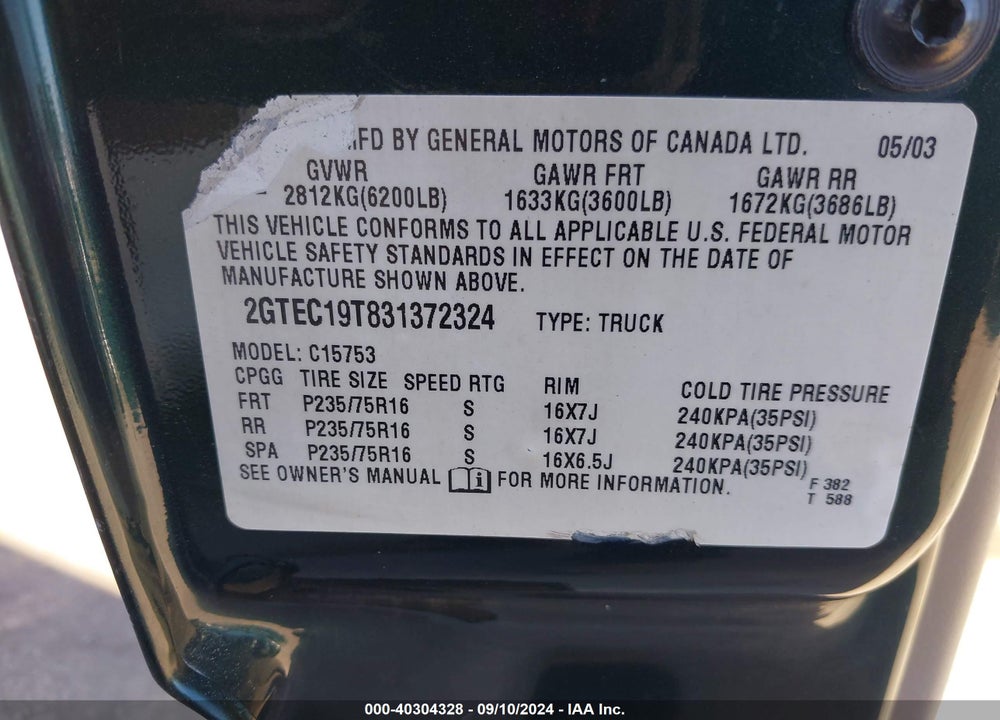 2003 GMC SIERRA 1500 SLT VIN: 2GTEC19T831372324