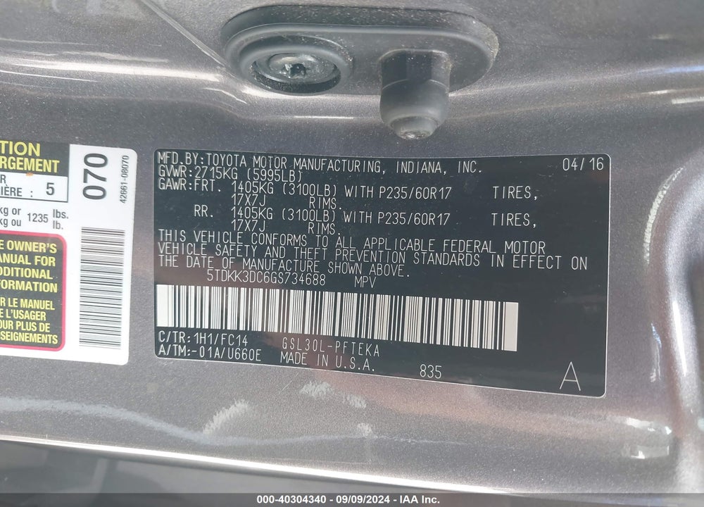 2016 TOYOTA SIENNA LE 7 PASSENGER VIN: 5TDKK3DC6GS734688