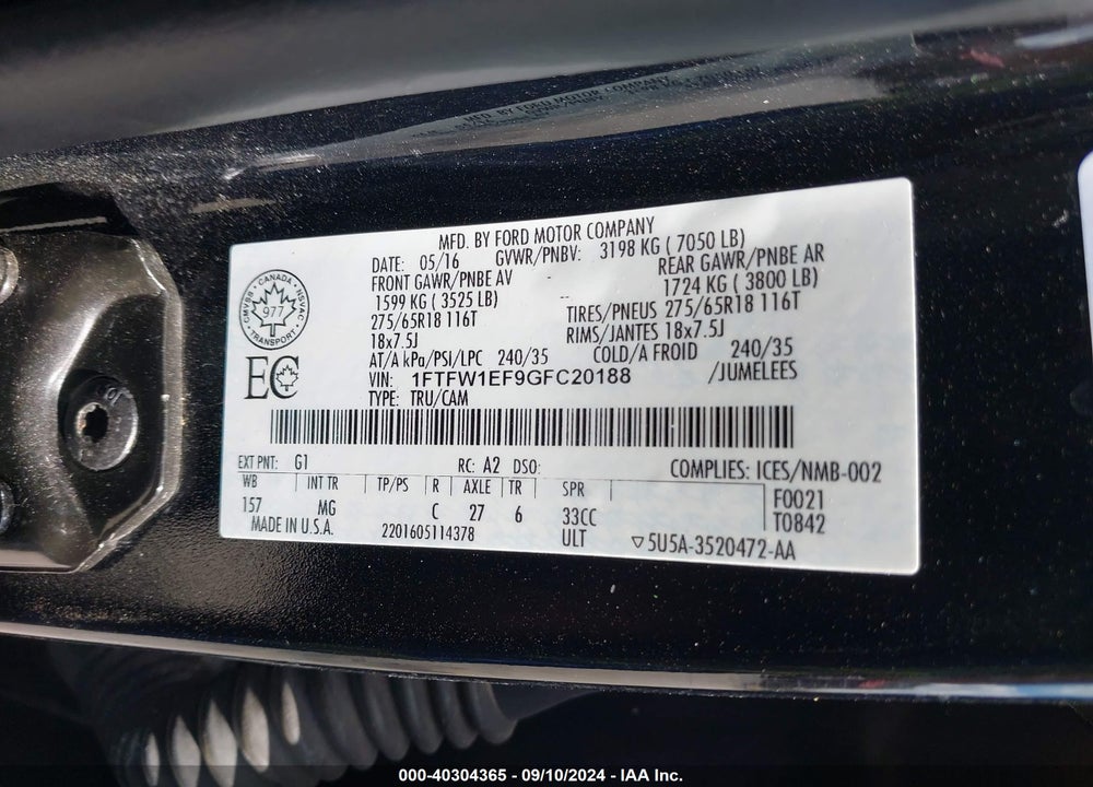 2016 FORD F-150 XLT VIN: 1FTFW1EF9GFC20188