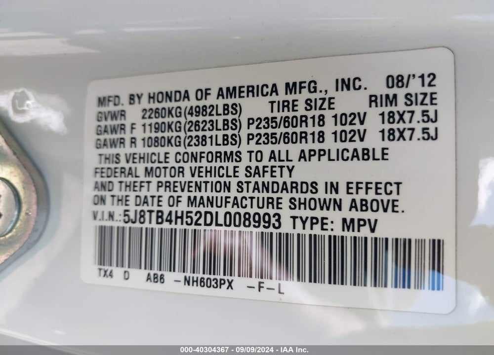 2013 ACURA RDX VIN: 5J8TB4H52DL008993