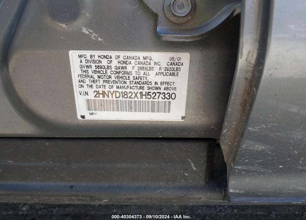 2001 ACURA MDX VIN: 2HNYD182X1H527330