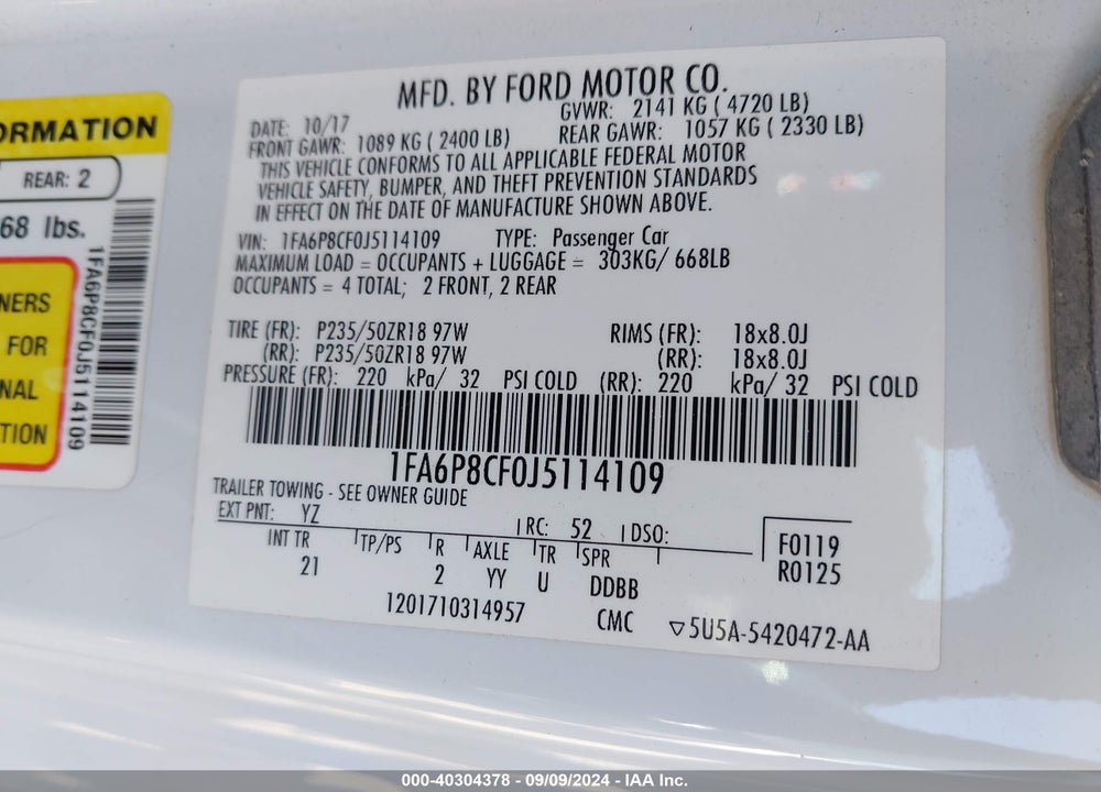 2018 FORD MUSTANG VIN: 1FA6P8CF0J5114109