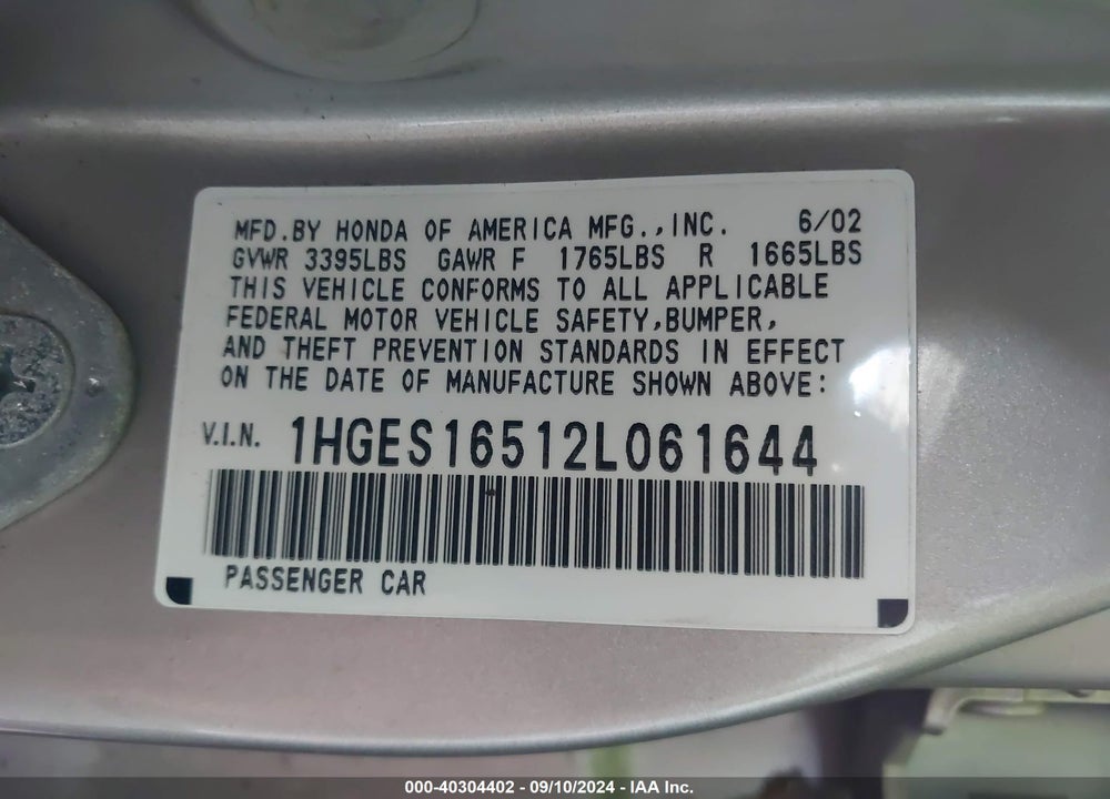 2002 HONDA CIVIC LX VIN: 1HGES16512L061644