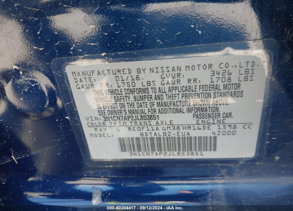 2018 NISSAN VERSA 1.6 SV VIN: 3N1CN7AP2JL853851