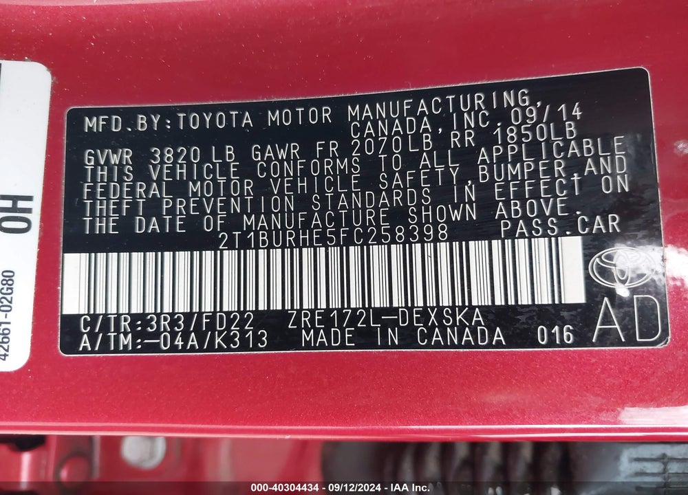 2015 TOYOTA COROLLA S PLUS VIN: 2T1BURHE5FC258398