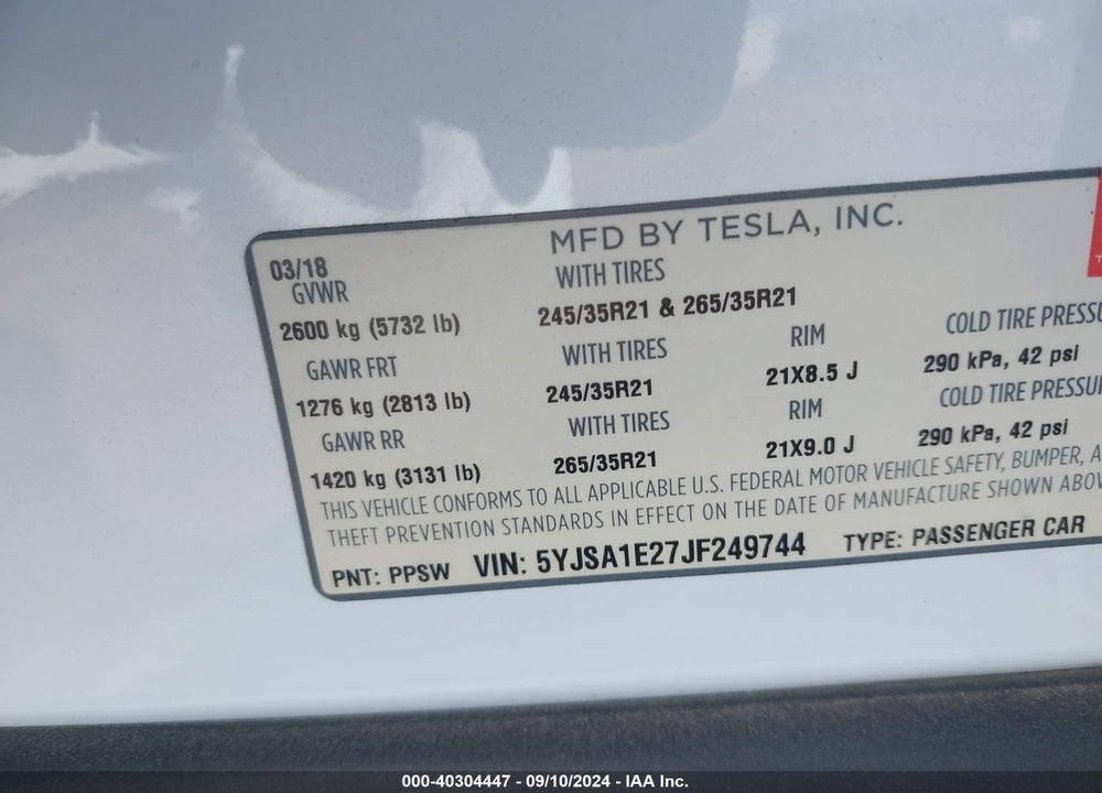 2018 TESLA MODEL S 100D/75D/P100D VIN: 5YJSA1E27JF249744