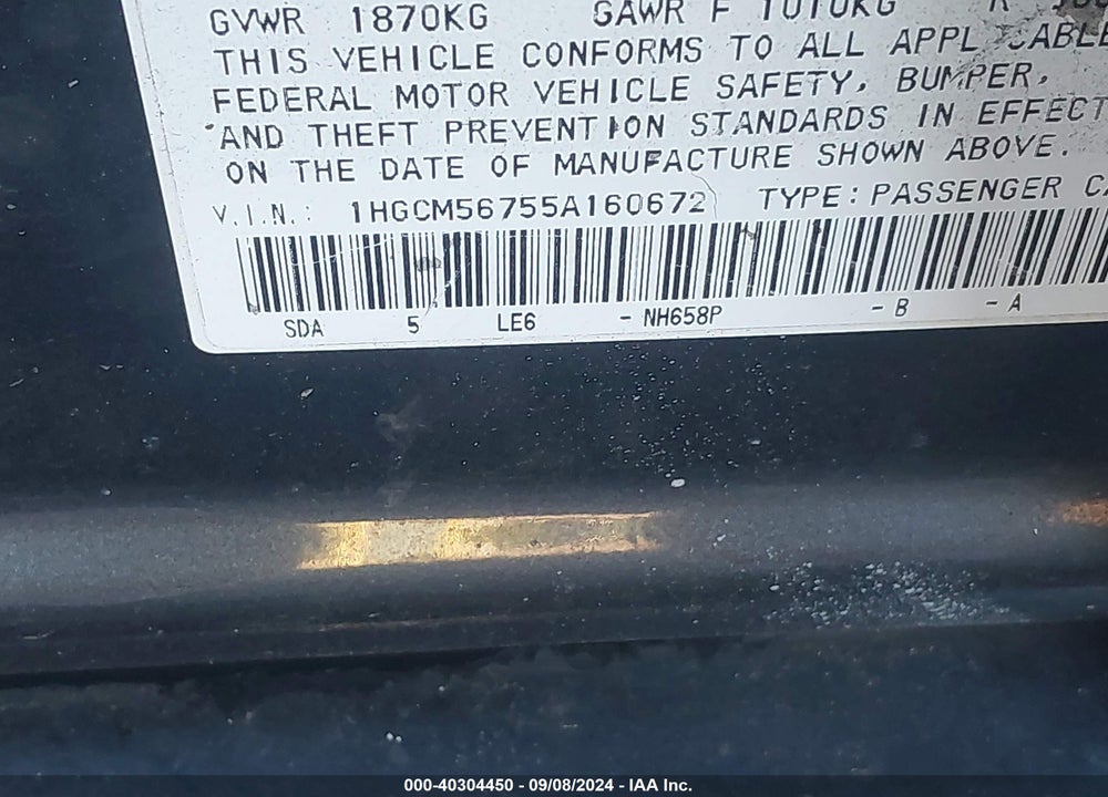 2005 HONDA ACCORD 2.4 EX VIN: 1HGCM56755A160672