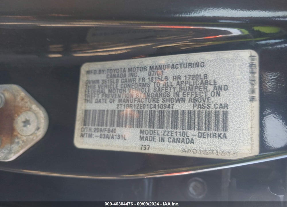 2001 TOYOTA COROLLA CE VIN: 2T1BR12E01C410947