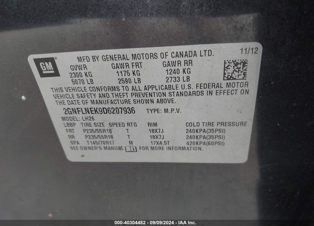 2013 CHEVROLET EQUINOX 2LT VIN: 2GNFLNEK9D6207936