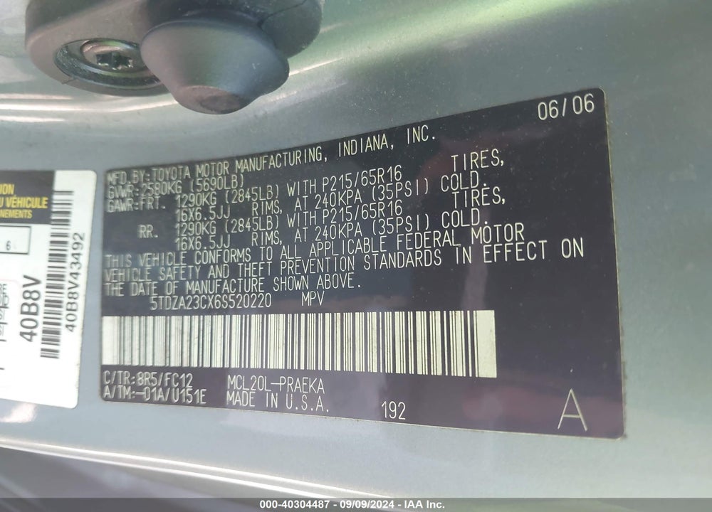 2006 TOYOTA SIENNA LE VIN: 5TDZA23CX6S520220