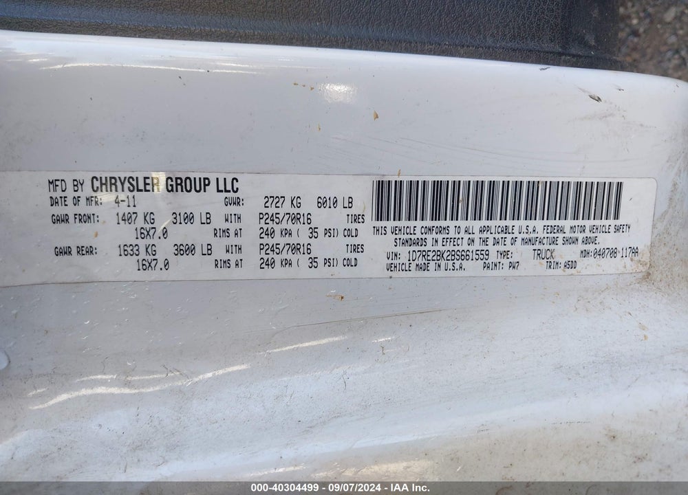 2011 RAM DAKOTA ST VIN: 1D7RE2BK2BS661559