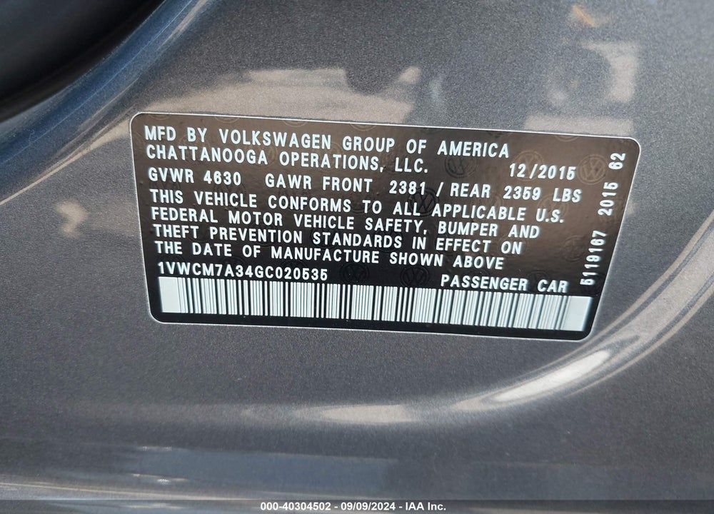 2016 VOLKSWAGEN PASSAT VIN: 1VWCM7A34GC020535
