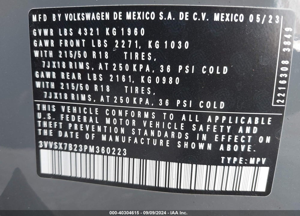 2023 VOLKSWAGEN TAOS 1.5T SE VIN: 3VVSX7B23PM360223