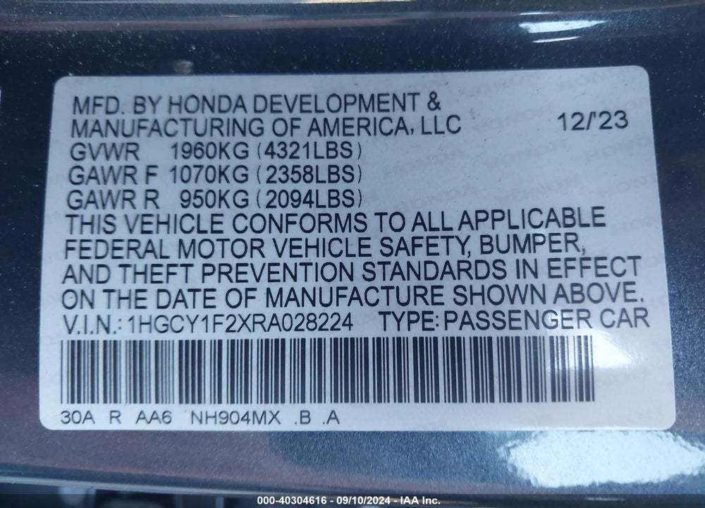 2024 HONDA ACCORD LX VIN: 1HGCY1F2XRA028224