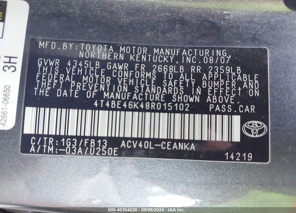 2008 TOYOTA CAMRY LE VIN: 4T4BE46K48R015102