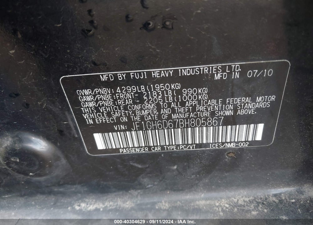 2011 SUBARU IMPREZA OUTBACK SPORT VIN: JF1GH6D67BH805867