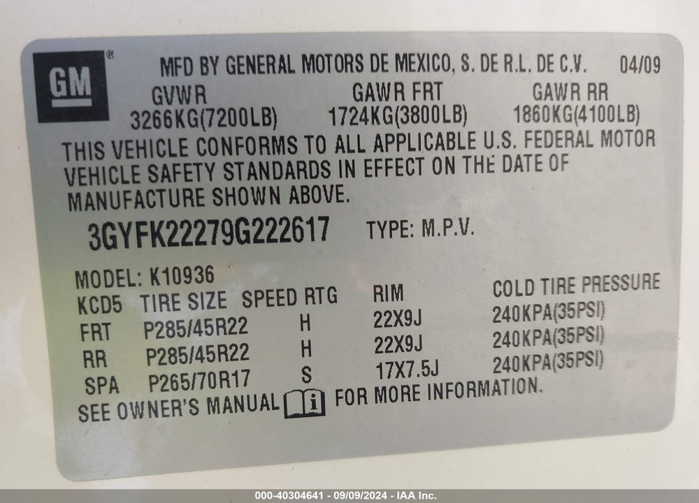 2009 CADILLAC ESCALADE EXT STANDARD VIN: 3GYFK22279G222617
