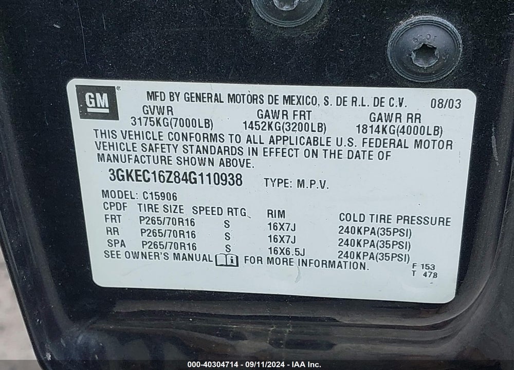 2004 GMC YUKON XL 1500 SLT VIN: 3GKEC16Z84G110938