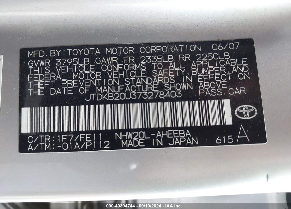 2007 TOYOTA PRIUS VIN: JTDKB20U373278403