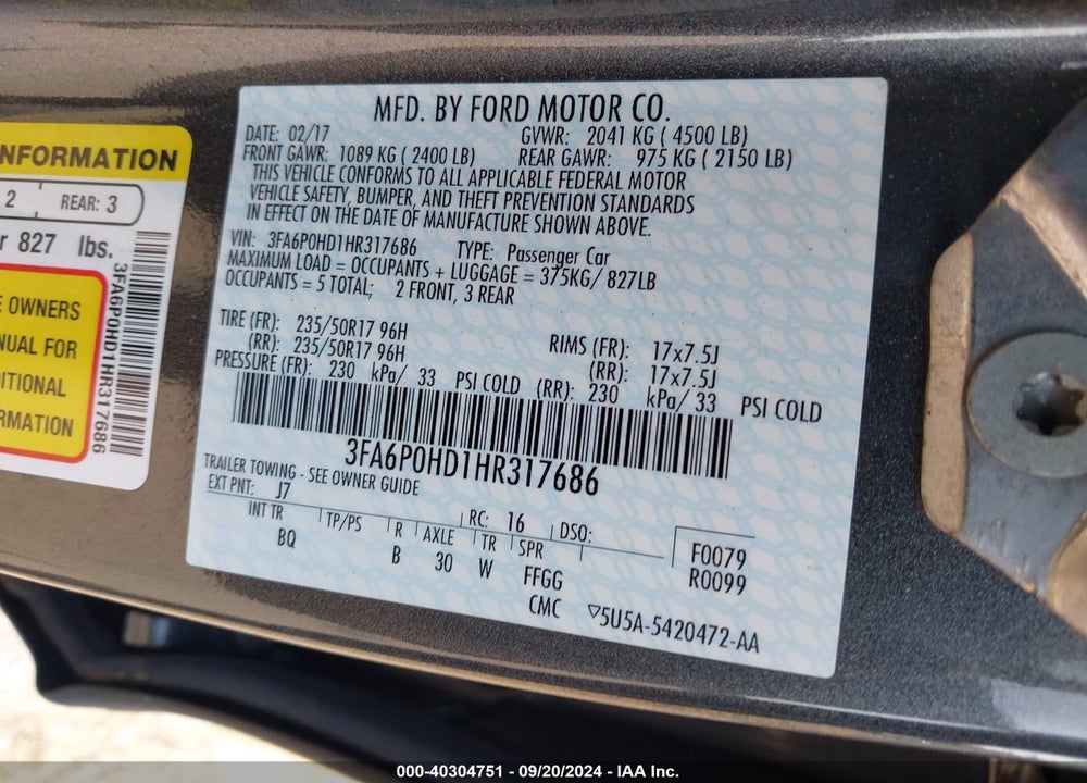 2017 FORD FUSION SE VIN: 3FA6P0HD1HR317686