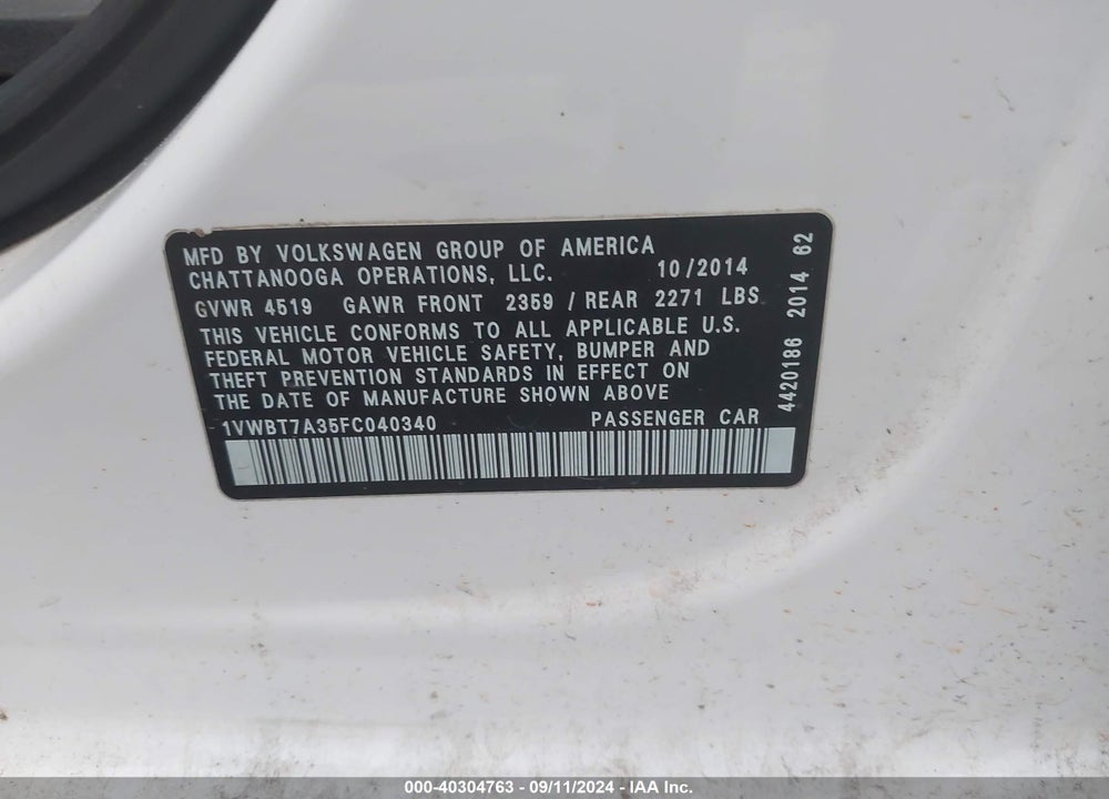 2015 VOLKSWAGEN PASSAT 1.8T SPORT VIN: 1VWBT7A35FC040340