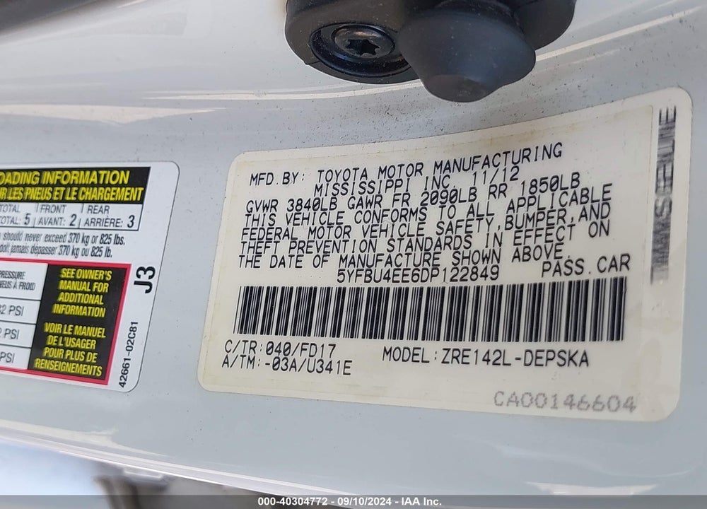 2013 TOYOTA COROLLA S VIN: 5YFBU4EE6DP122849