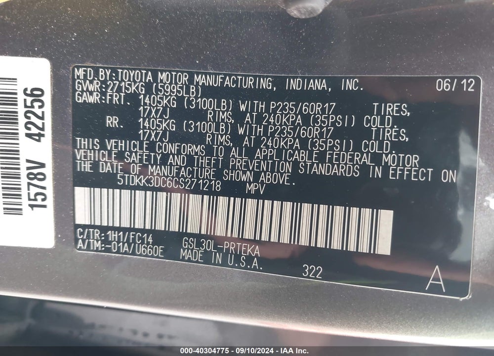 2012 TOYOTA SIENNA LE V6 8 PASSENGER VIN: 5TDKK3DC6CS271218
