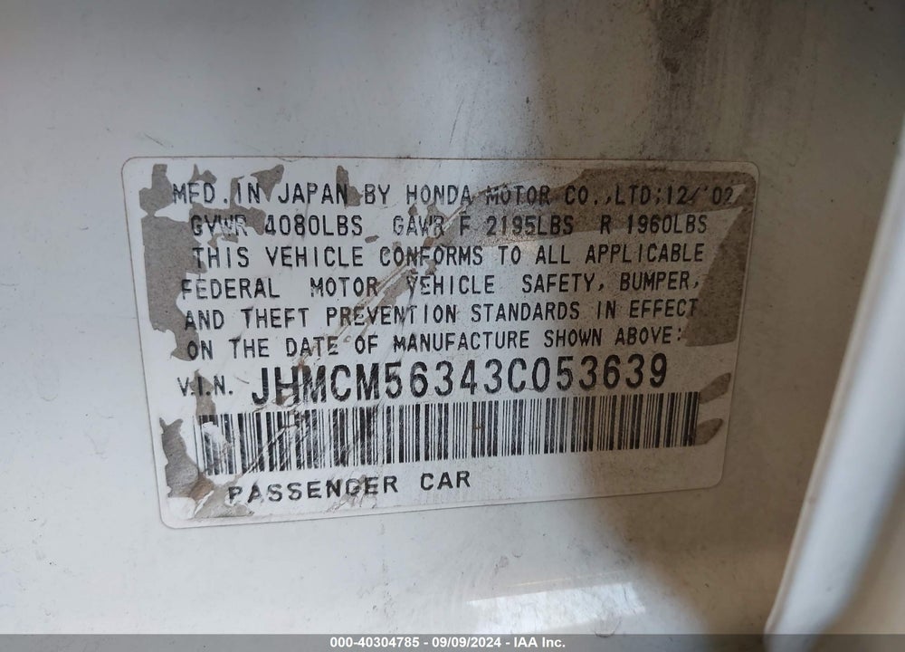2003 HONDA ACCORD 2.4 LX VIN: JHMCM56343C053639