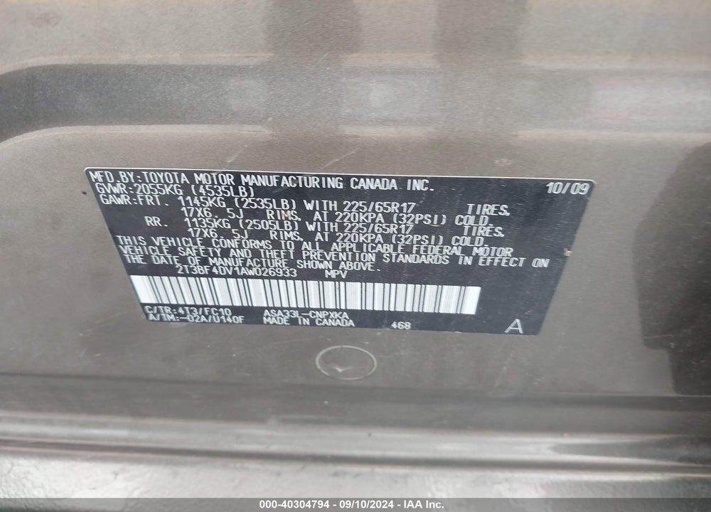2010 TOYOTA RAV4 VIN: 2T3BF4DV1AW026933