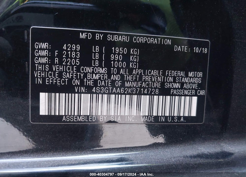 2019 SUBARU IMPREZA 2.0I VIN: 4S3GTAA62K3714728