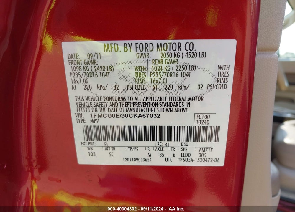 2012 FORD ESCAPE LIMITED VIN: 1FMCU0EG0CKA67032
