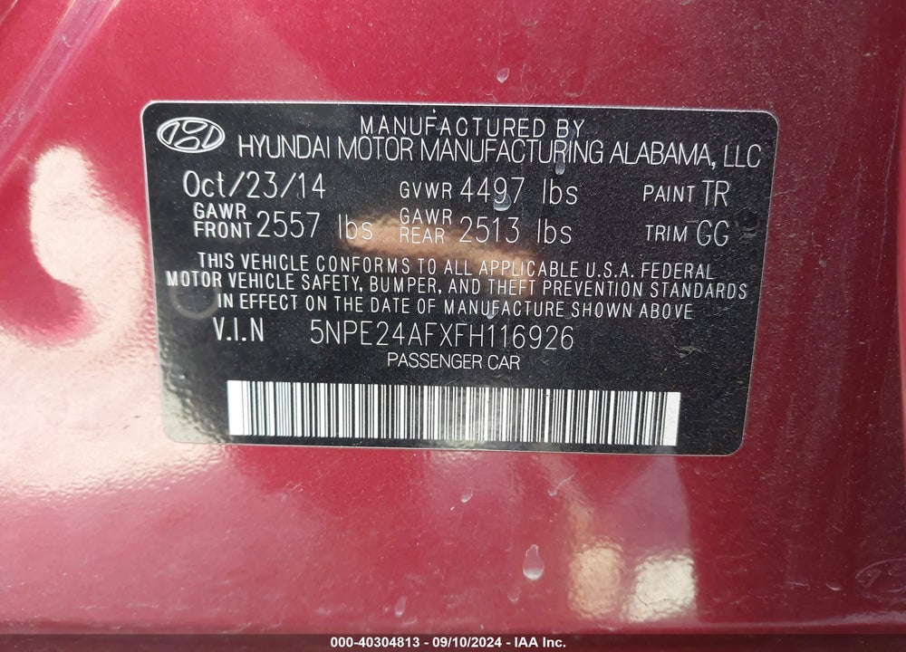 2015 HYUNDAI SONATA SE VIN: 5NPE24AFXFH116926