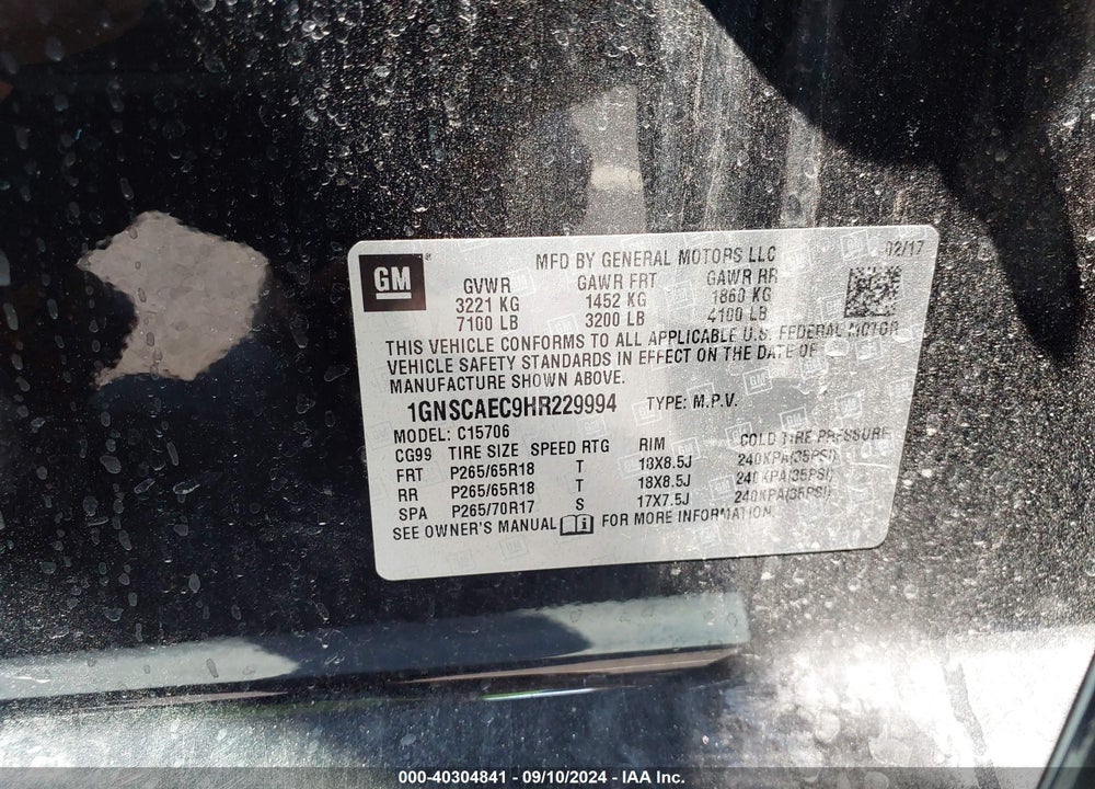 2017 CHEVROLET TAHOE LS VIN: 1GNSCAEC9HR229994