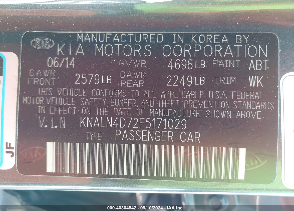 2015 KIA CADENZA PREMIUM VIN: KNALN4D72F5171029