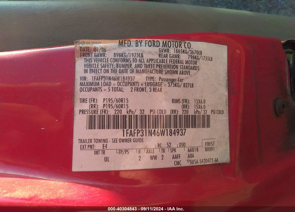 2006 FORD FOCUS SE/ZX3 VIN: 1FAFP31N46W184937